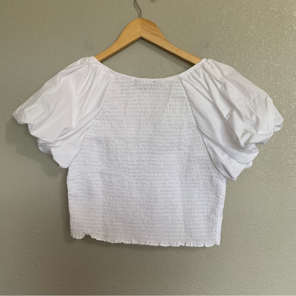 J Crew Size 10 White Cropped Fitted Puff Sleeve Blouse Top  Smocked Back NWT - Picture 7 of 17
